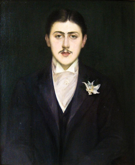 Jacques-Émile Blanche, Portrait de Marcel Proust (1892), Paris, musée d'Orsay.

Proust wears a formal black suit with a white waistcoat and bow tie. 

Proust’s delicate, pale face—with finely arched eyebrows, dark hair, and a faint mustache—is turned slightly toward the viewer.

https://fr.wikipedia.org/wiki/Marcel_Proust#/media/Fichier:Jacques-Emile_Blanche_Portrait_de_Marcel_Proust_1892.jpg