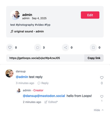 Loops video page with nested comments, one from Mastodon