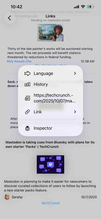 screenshot of a trending links feed with the context menu for a post showing a feed option for the link