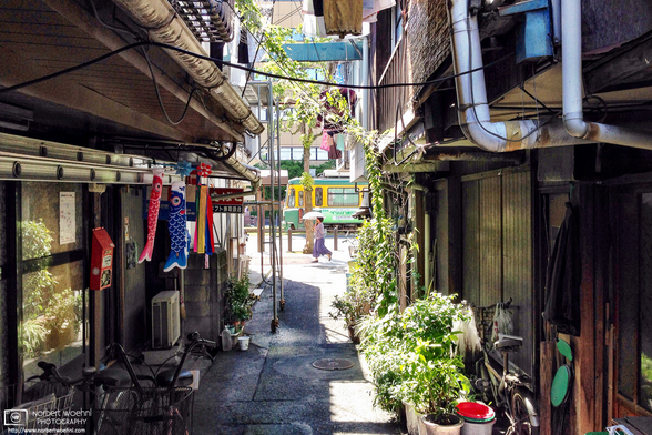 View through a narrow alley in Kagoshima, Japan.