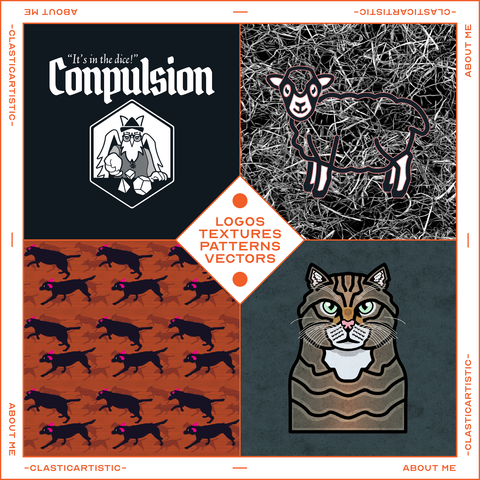 Text – Surround: -clasticartistic-, About me. Inside – Logos, textures, patterns, vectors.
Image left to right – Conpulsion logo (Gryphon rolling dice), hay texture (sheep vector overlaid), Labrador retriever running pattern design, Scottish wildcat portrait vector illustration.