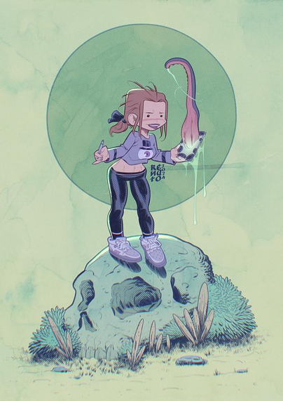 Clip Studio Paint illustration of a girl holding a digital pen in her right hand and a tablet in her left hand, with a drooling tentacle coming out of the tablet. The girl is standing on a giant skull with some vegetation around it, soil is arid.