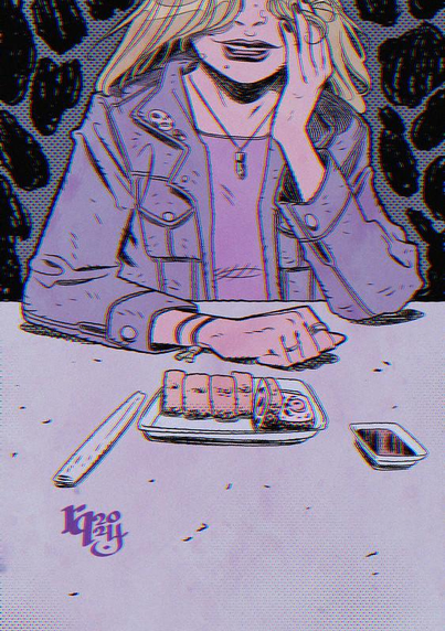 Digital sketch made in Clip Studio Paint of a girl in medium shot dressed in a denim jacket (we only see half of her face) sitting at a table with a sushi dish, soy sauce and chopsticks on both sides.