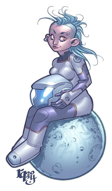 Color drawing made in Clip Studio Paint. A girl with aqua-colored mohawk haircut is wearing a white and purple space suit with dark orange details, she is sitting on a moon and is holding a helmet with both arms, she has a piercing in her left eyebrow.