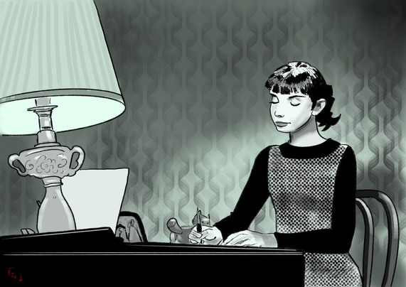 Dessin numeriqué en noir et blanc d'une jeune femme écrivant une lettre sur son bureau