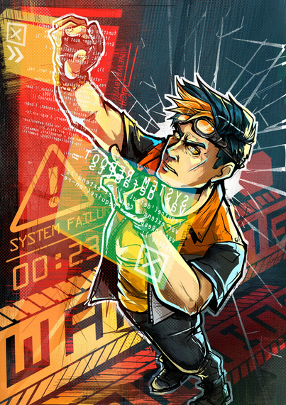 An illustration in bright colors of a character reaching up to tap displays amid large warning text and graphics on a digital space