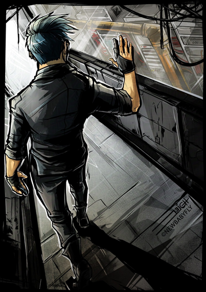 Digital illustration of original character Sly in a narrow, starkly lit walkway looking down into a datacenter in the room below