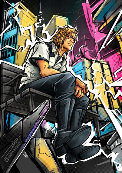 A stylized digital illustration with bright colors of a forlorn looking man sitting on a park bench with a chaotic, chunky color blocked city scape behind him