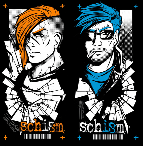 Two minimal color illustrations side by side: a stern looking man in orange, and another in sunglasses and a cigarette in blue, both with shattered glass and halftone elements