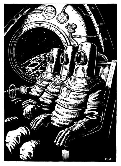 Trois astronautes voyagent autour de la Lune dans leur vaisseau spatial. On aperçoit la Lune par le hublot. La capsule et les scaphandres semblent sortis d'un roman de Jules Verne.
Three astronauts are traveling around the Moon in their spaceship. The Moon can be seen through the window. The capsule and spacesuits look like they came straight out of a Jules Verne novel.