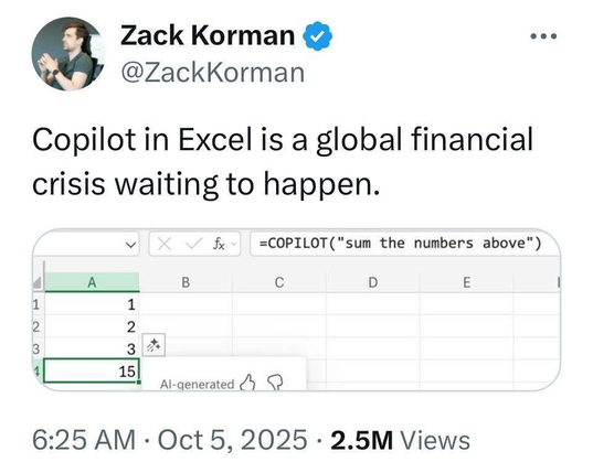 ZackKorman post: Copilot in Excel is a global financial crisis waiting to happen.