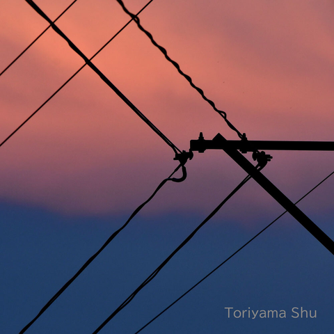 電線の向こうの空がピンク色に色づいている。ピンク色の下、画面の半分はブルー。