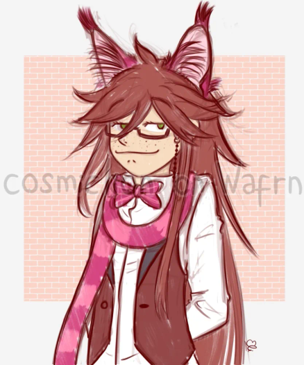Digital flat color doodle of Grell Sutcliff from Black Butler (in her Cheshire Cat form from the Ciel In Wonderland OVA), drawn in chibi style from the waist up. She is crossing her arms behind her back and smiling smugly at the viewer. The background is very light grey with a square in the middle with a pattern of pink bricks.