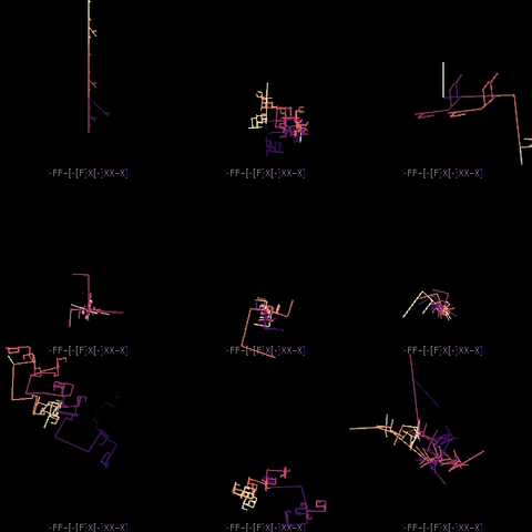 animation showing L-Systems with randomized rules having the angle changed with each frame