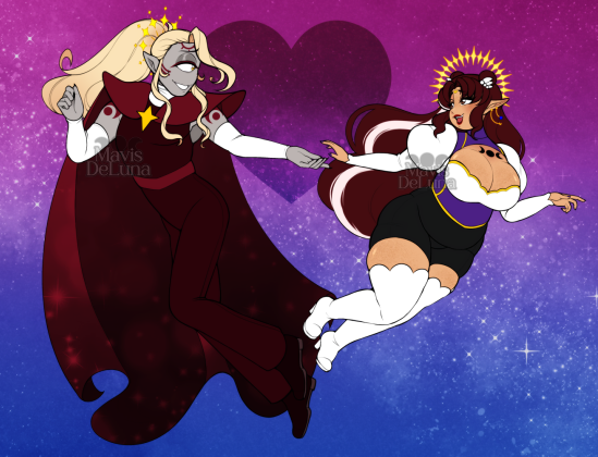 My original characters Pern (left, he/him) and Mavis (right, she/they) floating together in what appears to be a starry sky, but it's in bisexual pride flag colors (gradient from pink, to purple, to blue). They are smiling happily and looking at each other with affectionate expressions, while facing opposite directions and reaching out to one another. Pern's hand is outstretched downward and Mavis's hand is outstretched upward, implying she'll place her hand in his. Mavis is considerably smaller than Pern. Mavis is wearing her monarch outfit without her skirt; Pern is wearing his Sorcerer King attire, donned in red with his extravagant shoulderpads and long sparkling cape.