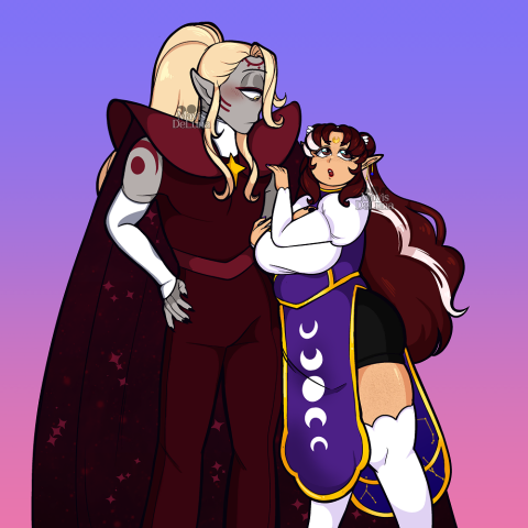 A digital drawing of Pern Valerian and Mavis DeLuna. Mavis is holding onto Pern’s arm, looking up and to her left (our right). While she is distracted, Pern looks at her with a faux-calm expression. He’s yearning, and there’s a subtle blush on his cheeks.