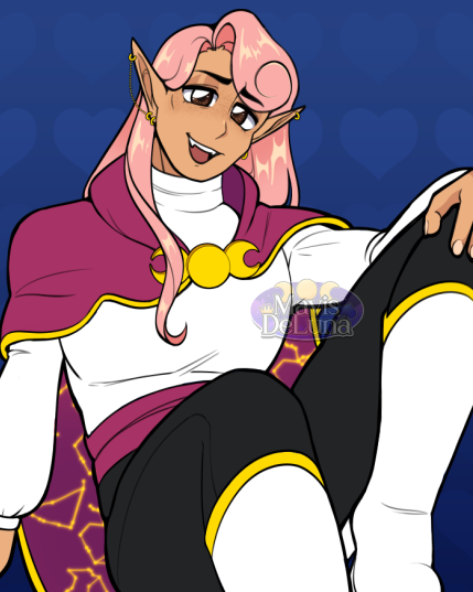A digital drawing of my OC, Cosmo DeLuna. Cosmo is a tan elf with pastel pink hair with a soft yellow shine. He's wearing a long-sleeved shirt with puffy sleeves, black pants, and knee-high white heeled boots with gold trim. He's also wearing a dark pink cloak with gold trim and glowing constellations on the underside of the cape. His cloth belt is the same color as his cloak. He's looking at the viewer with a tilted head in a sitting position, one hand on his left knee while his right hand keeps him balanced.
