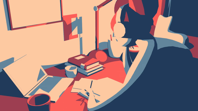WIP animated camera loop of a cellshaded 3d-scene homage to the famous lo-fi girl illustration: a person is studying in a cosy room at night.