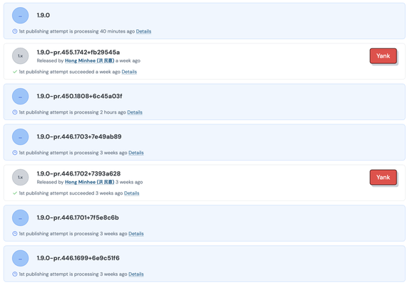 A screenshot of the JSR (JavaScript Registry) publishing interface, illustrating frequent stalls in the package upload process. The list shows seven publishing attempts for pre-release versions of a package labeled “1.9.0.” Four of these attempts are indefinitely stuck in a “processing” state, with statuses showing they have been processing for periods ranging from 40 minutes to 3 weeks. In contrast, two other versions are marked as successfully published with a green checkmark, but the overall image highlights the unreliability of the publishing workflow.