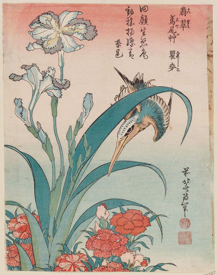 Woodblock print of a kingfisher amongst nadeshiko.

Image thanks - https://ja.ukiyo-e.org/