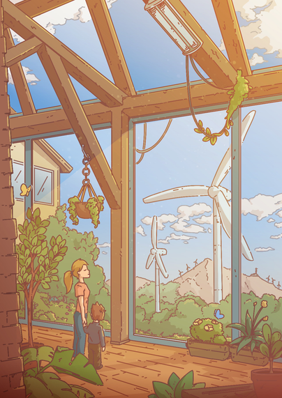 Illustration: Inside a wood building with massive glass panel, a mother and her son are enjoying the incoming sunlight amongst plants. Wind turbines are visible close by. On the mountain far away, an observatory is visible.