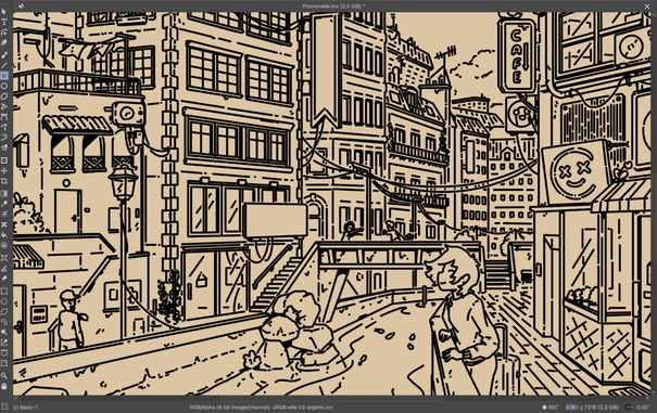 Line art of a woman with short hair enjoying the breeze by a city canal. The background is a very busy city with an overwhelming amount of details.