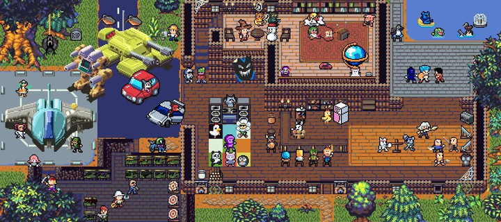 Pixel art scene of a playhouse filled with many characters, hanging out and doing various activities together and separately. Each character represents a something I’ve made, whether that’s characters from a game, or from cover art or music videos of my music. On the left is a carpark/spaceport area with various spaceships and cars, their pilots and other assorted characters from my music videos. There’s a small underground section with a target practice area with characters from games I’ve made like C-Dogs SDL and OpenCrystalCaves. In the playhouse there’s a dance floor with various characters from my dance-related music. At the bar some spoony bard-type characters hang out, some from RPG music. Upstairs is a mini library where characters from my acoustic guitar and chill music hang out. To the right is a dojo with some characters from fighting and action games. To the top right is a pool where more miscellaneous characters chill, mostly from chill and downtempo music.