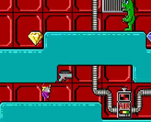In game footage of OpenCrystalCaves, a pixel art retro platformer game, showing the player character, a miner, in a red-and-cyan blocky cavern. There are various crystals and a big green monster lurking in an upper platform. The player shoots a rocket at an air machine, and after it hits, the player inflates and pops, leaving his helmet flying up and off screen