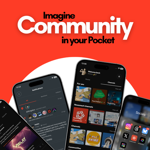 A graphic reading 'Imagine Community in your Pocket'. The background is orange and four phone screens can be seen at the bottom of the page. Each screen displays a screenshot from the Newsmast Foundation's Channel.org app family.