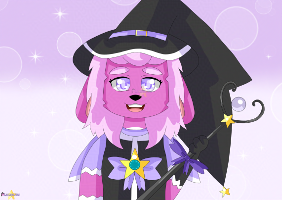 A drawing of a pink hybrid bunny/alpaca with lighter pink short hair, wears black witch hat with light yellow star on its tip and black witch outfit with a yellow star compact on a lavender bow on her chest. She's holding a big black heart-shaped stick with lavender orb and purple bow on the stick.