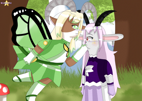 A drawing of two goats, one is white with brown markings, has light-blonde hair dyed light-green, has dark-gray horns and antennas with yellow orbs on her head, wearing green/white shirt and green skirt, yellow bag, white socks with green stripe, dark green shoes and has big green butterfly wings on her back. The other goat is light-gray with longer pink hair, has white bows with purple diamonds on her head, darker gray horns, wears dark-purple shirt and light-purple skirt. The fairy goat is teasing the gray goat who's flustered. Forest background.