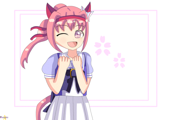 A drawing of a girl with pink ponytail/horse tail, her reddish pink headband/horse ears, has pink eye with transparent flower petals in it, wears lavender/dark-lavender/white school uniform.