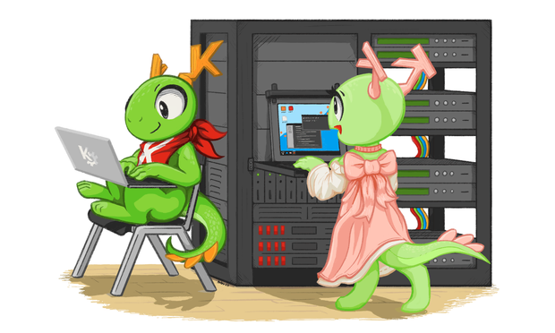 Konqi and Katie, the KDE dragons, are happily coding, creating the next generation of bleeding edge user-friendly free software.

Konqi is sitting in a chair working on a  laptop, while Katie is at a Keyboard + monitor integrated into a rack, also developing awesome new software