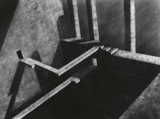 A black and white ink drawing depicting a monumental architectural composition of intersecting stairs, platforms, and columns. The play of light and shadow creates a strong sense of depth and structure, evoking the atmosphere of early modernist architecture. The textured ink surface and precise tonal contrasts give the scene a photographic quality, as if captured through the lens of a large-format camera.