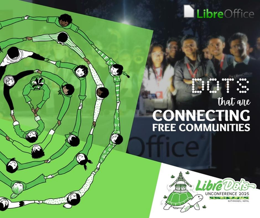 Picture of community members at LibreOffice event in Nepal, and the sentence "Dots that are connecting free communities"