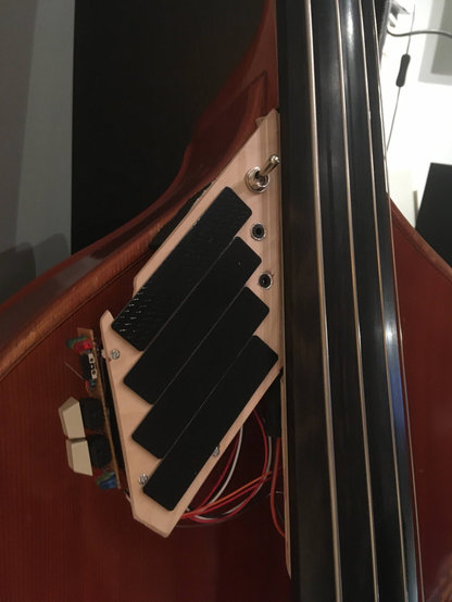 Attached to a double bass neck, a feedback bass controller: A plywood extension with Trill touch sensors and a few buttons and switches.