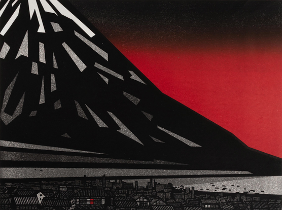In the foreground, the modern buildings of Fuji City seem tiny and insignificant, dwarfed by the blocky shape of a towering Mount Fuji rising just beyond. The landscape is gray and still, while the sky at the horizon is an ominous deep red bleeding away into darkness above.