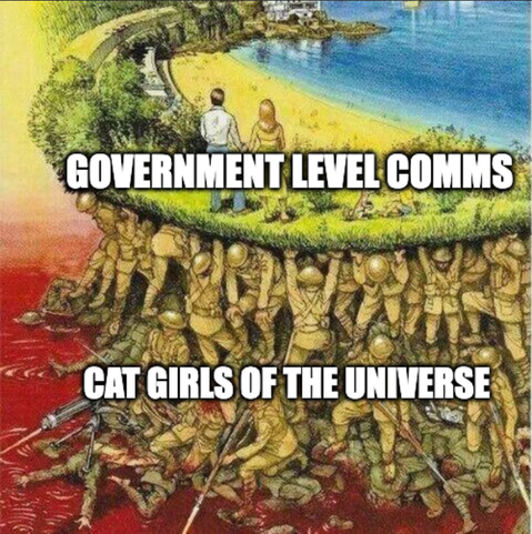 A couple walks along a peaceful landscape, supported underground by soldiers holding it up; meme text reads "GOVERNMENT LEVEL COMMS" above and "CAT GIRLS OF THE UNIVERSE" below.