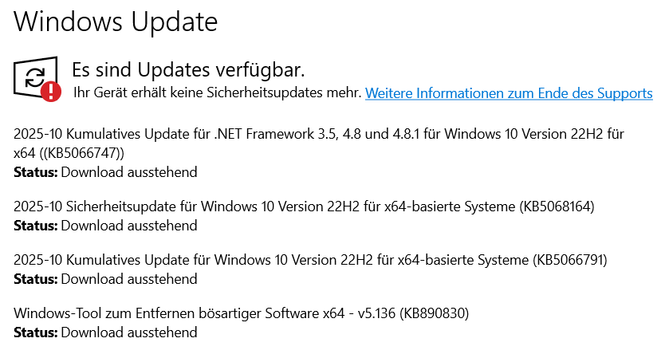 Screenshot der für Windows 10 am 14.10. veröffentlichten Updates. Darüber Hinweis, dass das System künftig keine Updates mehr erhalten wird.