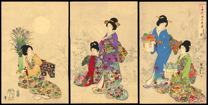 Woodblock print of the Ladies of Chiyoda Palace preparing for moon viewing.

Image thanks - https://ja.ukiyo-e.org/