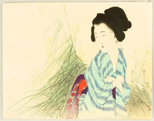 Woodblock print of a woman in kimono amongst pampas grass.

Image thanks - https://ja.ukiyo-e.org/