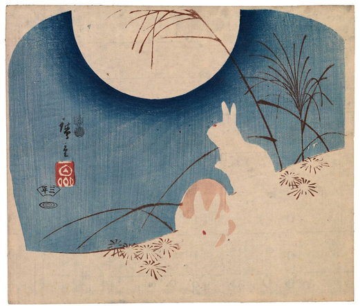 Woodblock print of rabbits amongst pampas grass, under the full moon.

Image thanks - https://ja.ukiyo-e.org/