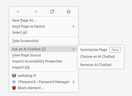 a firefox context menu showing "ask an ai chatbot" options that were added without informing users about this 