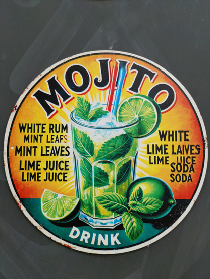 AI generated ad for MOJTO with WHITE RUM MINT LEAFS MINT LEAVES LIME JUICE LIME JUICE WHITE LIME LAIVES LIME ULCE SODA SODA