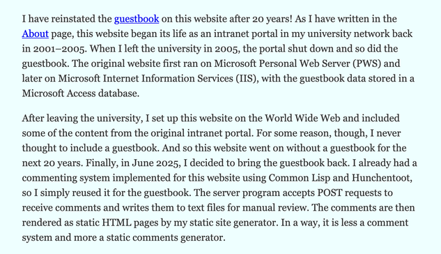 A screenshot of a blog post discussing how a guestbook was reinstated