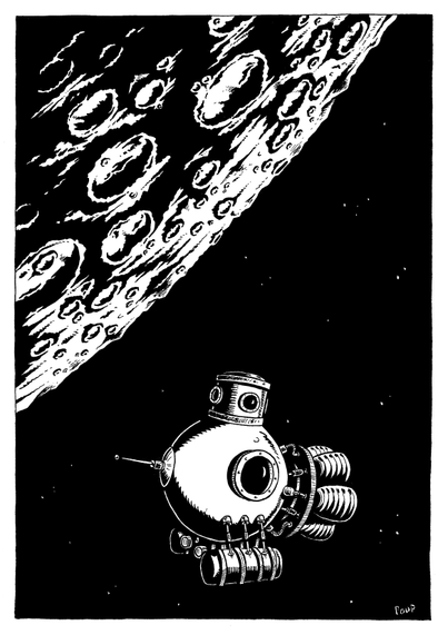 Un vaisseau spatial semblant sorti d'un roman de Jules Verne flotte au dessus de la Lune dont on aperçoit les nombreux cratères.

A spaceship that looks like it came out of a Jules Verne novel floats above the Moon, where its numerous craters can be seen.