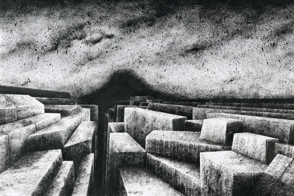 Black and white ink drawing depicting a volcanic landscape where the rocks appear both artificial and natural at the same time.