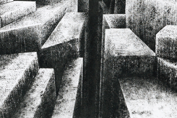 Black and white ink drawing depicting a volcanic landscape where the rocks appear both artificial and natural at the same time.