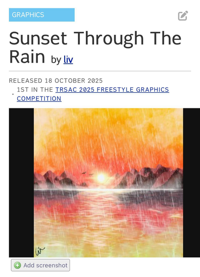 Sunset Through The Rain by liv.
RELEASED 18 OCTOBER 2025 1ST IN THE TRSAC 2025 FREESTYLE GRAPHICS COMPETITION