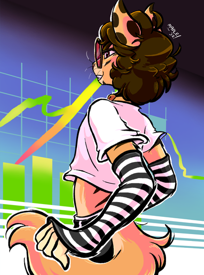 my sona Maple looking at some kinda tech graphic with grids and bars and line graphs, they are wearing striped arm warmers and a white cropped tee